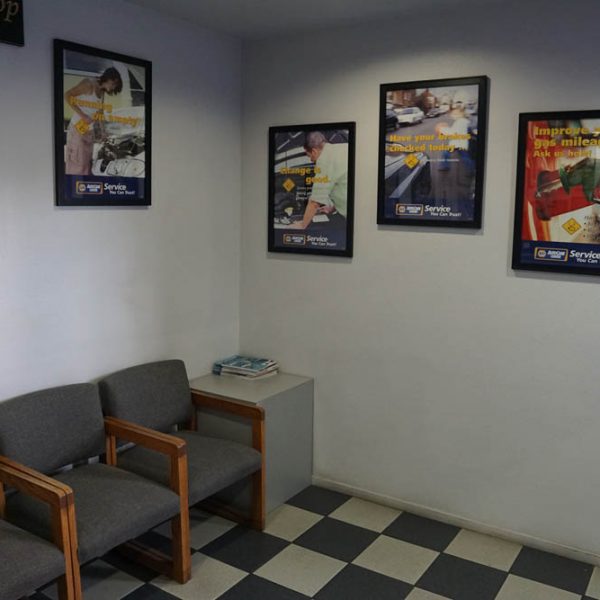 The waiting area at the Muffler Shop